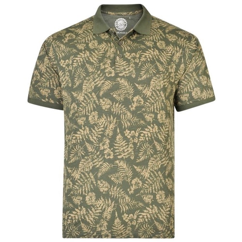 KAM Floral Print Jersey Slub Polo Shirt Khaki